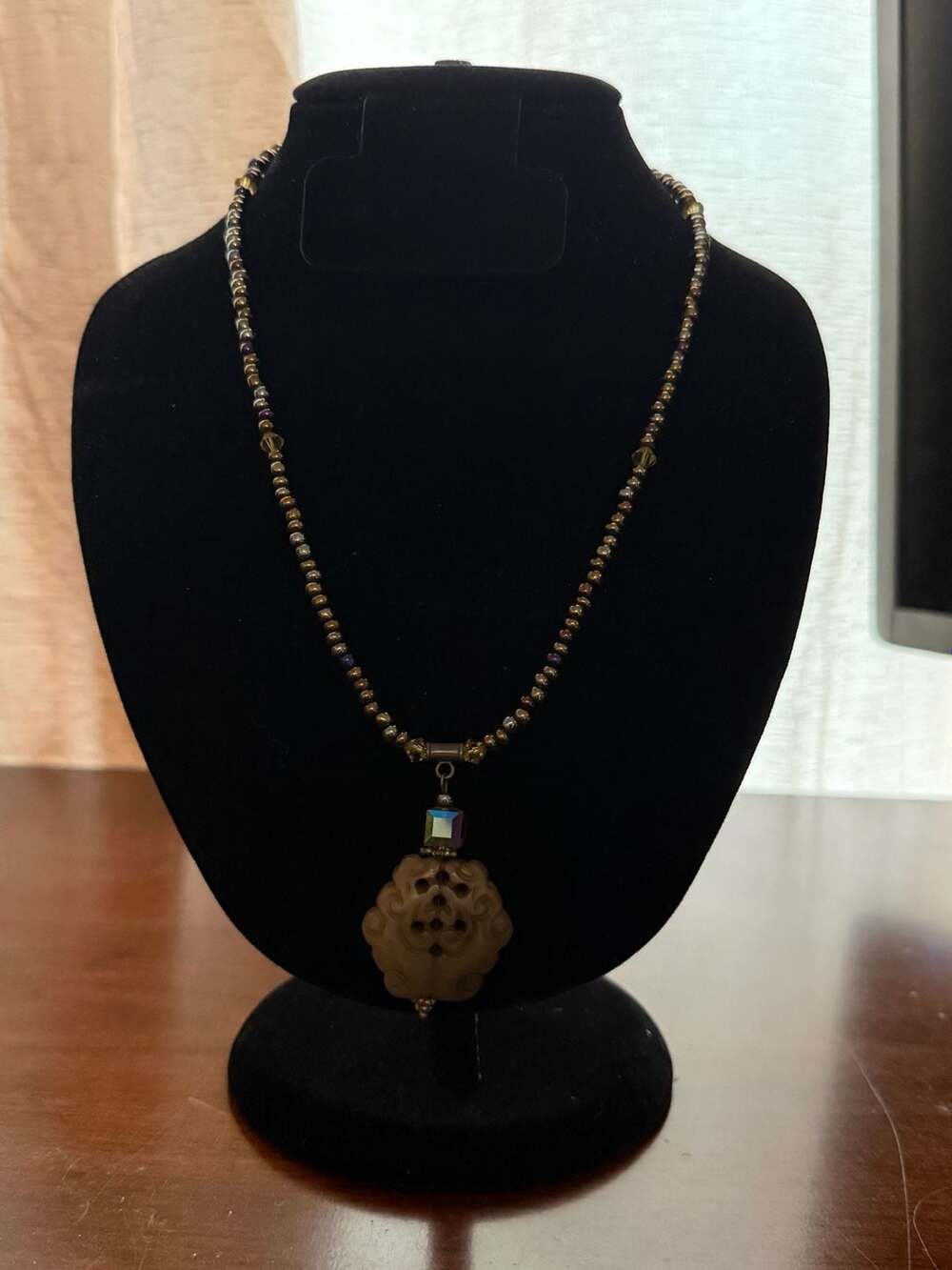 Vintage Handmade Beaded Necklace With Carved Stone Pendant